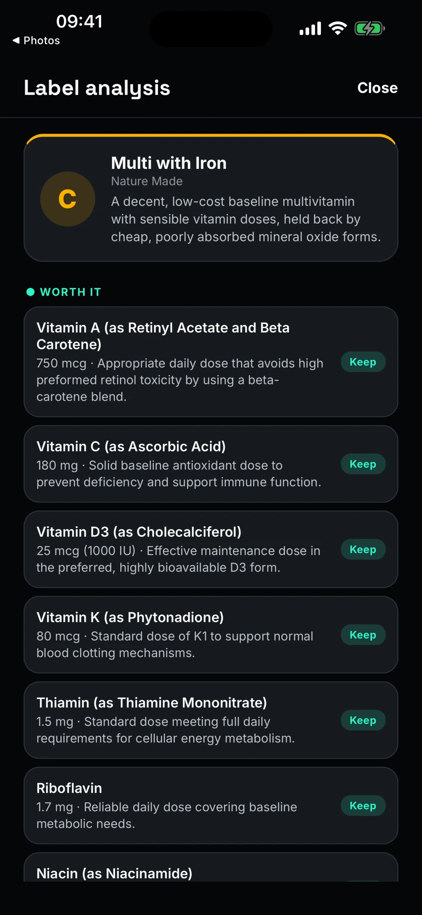 Example multivitamin report — Unyx app