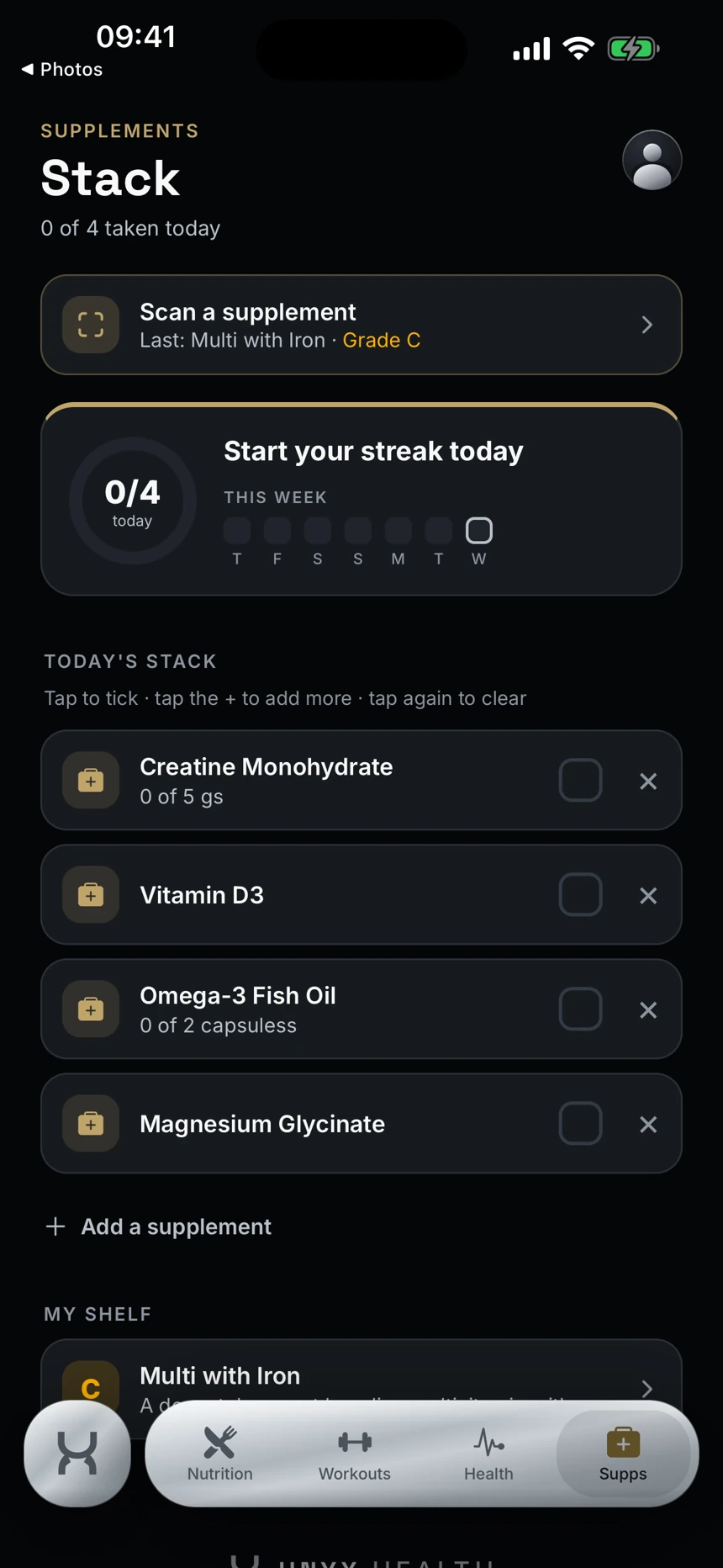 Daily supplement stack — Unyx app