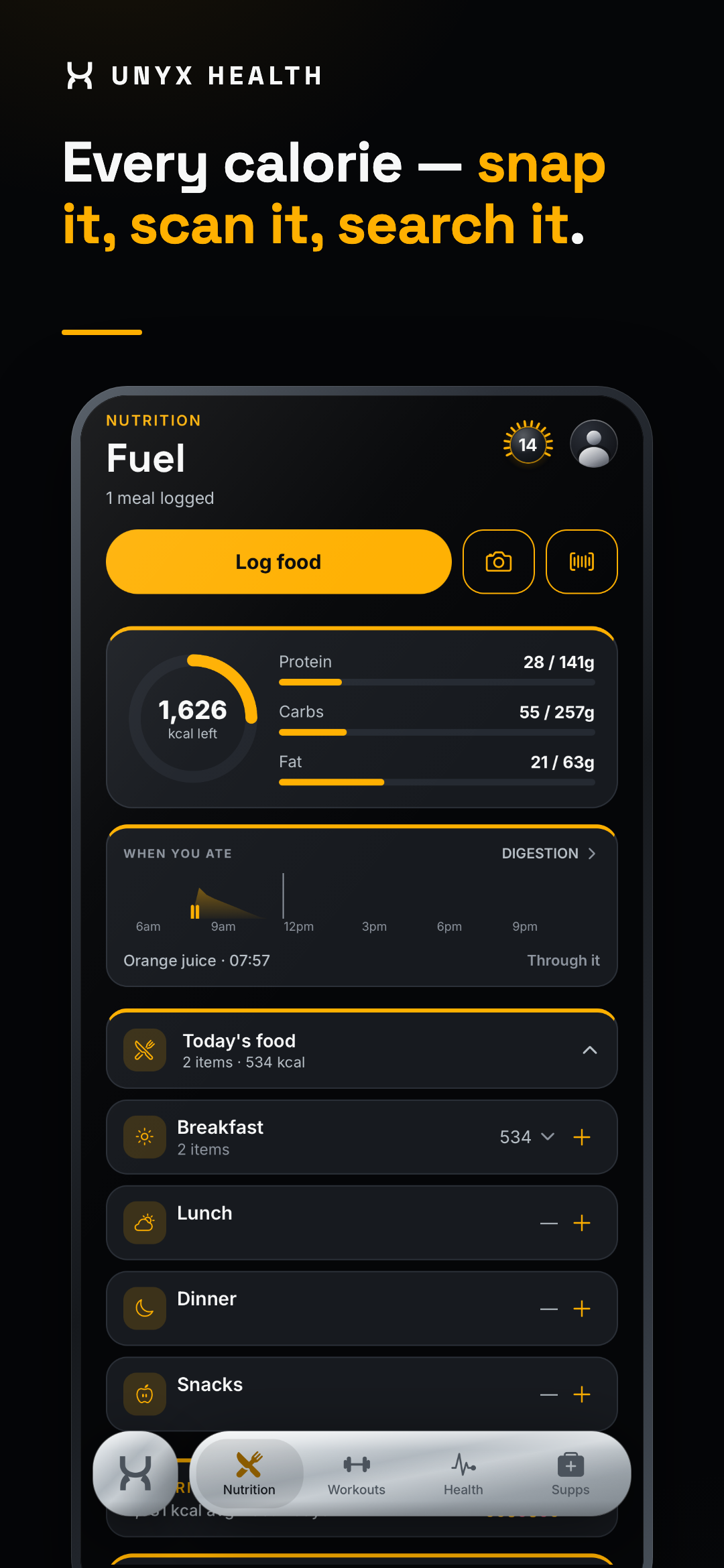 Nutrition — Unyx app screen