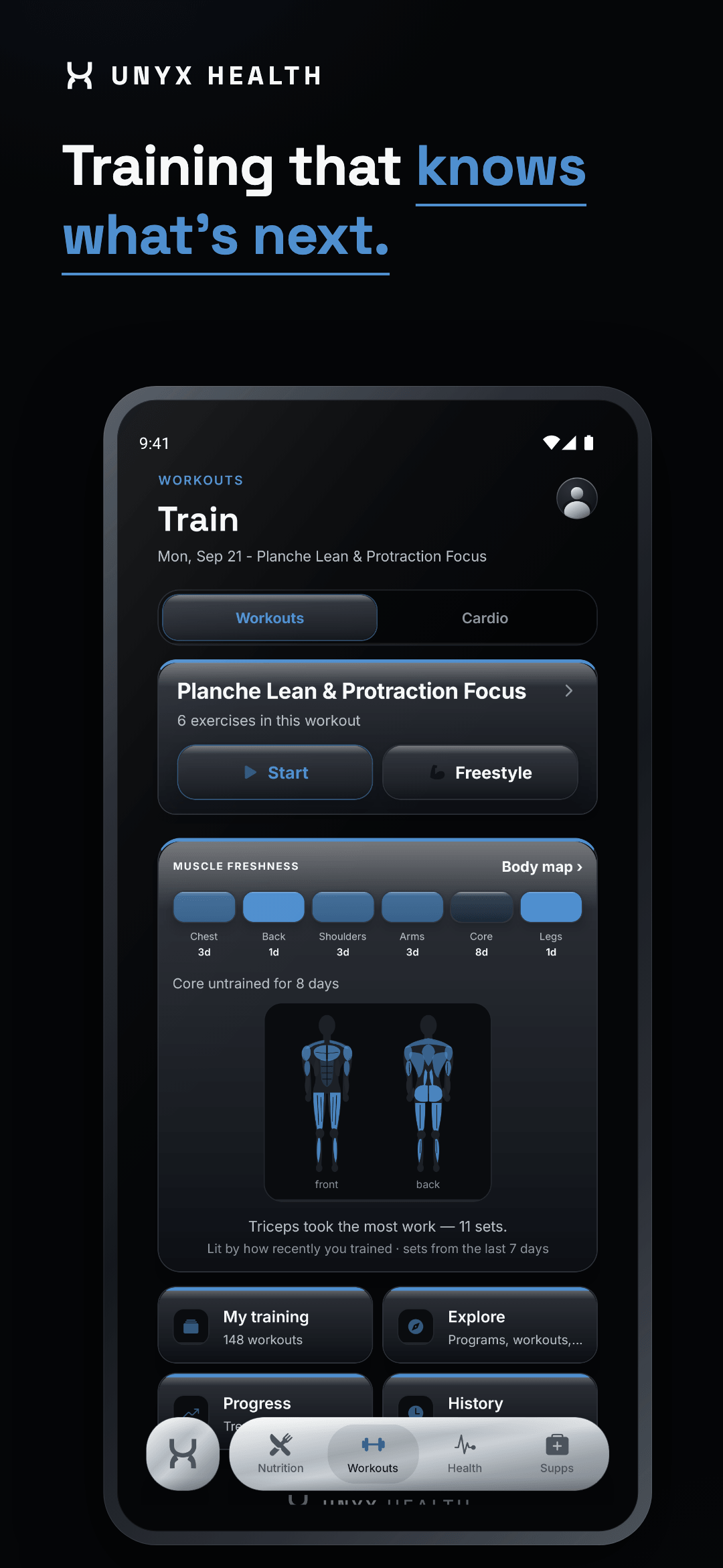 Workouts — Unyx app screen