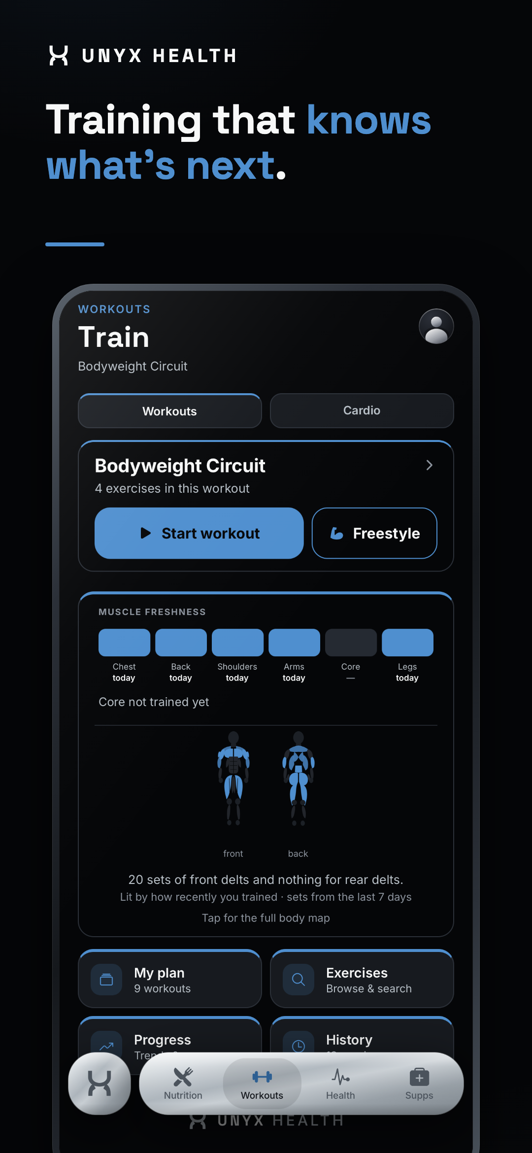 Workouts — Unyx app screen