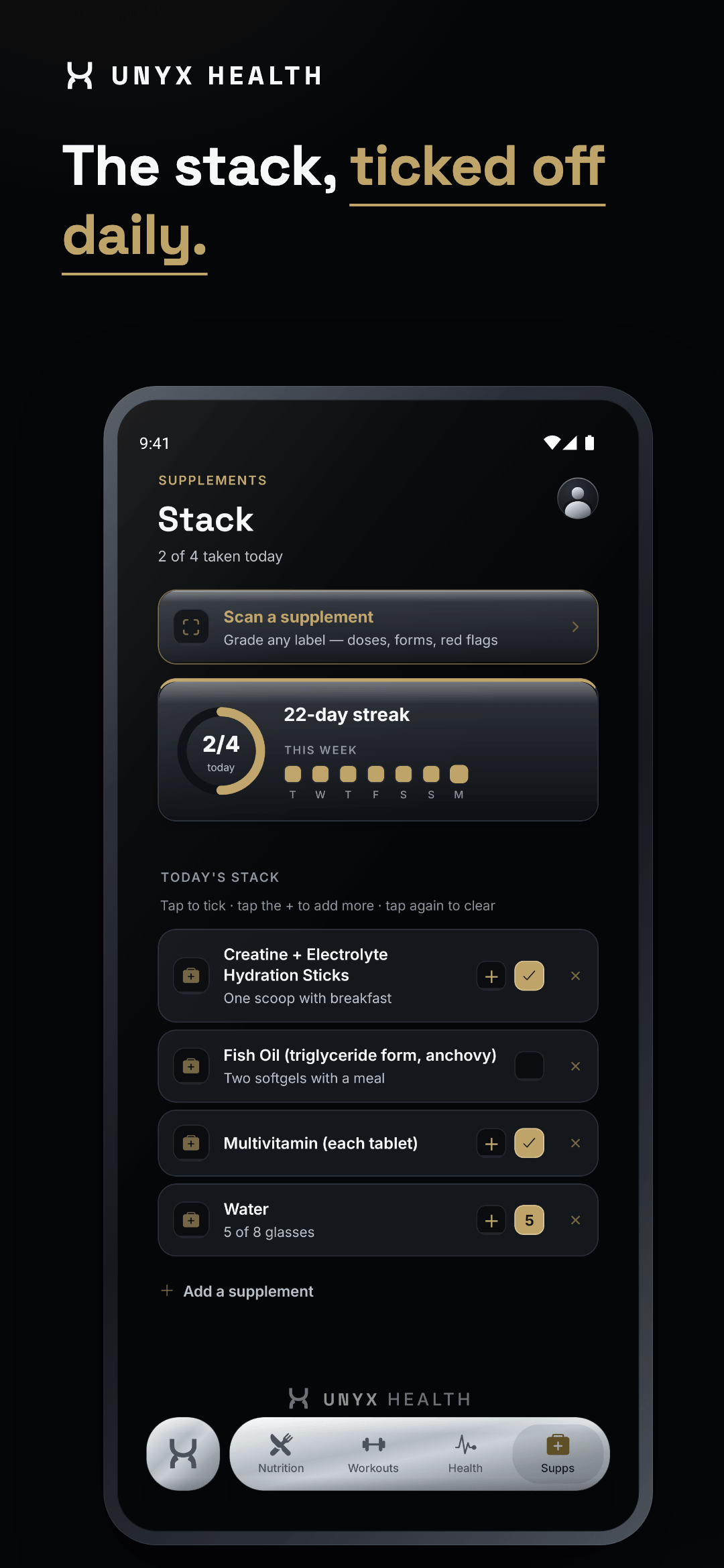 Supplements — Unyx app screen