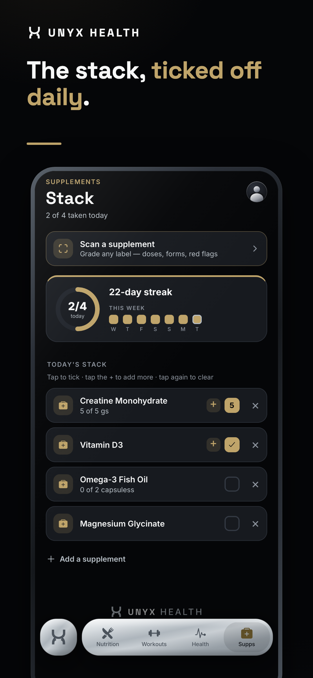 Supplements — Unyx app screen