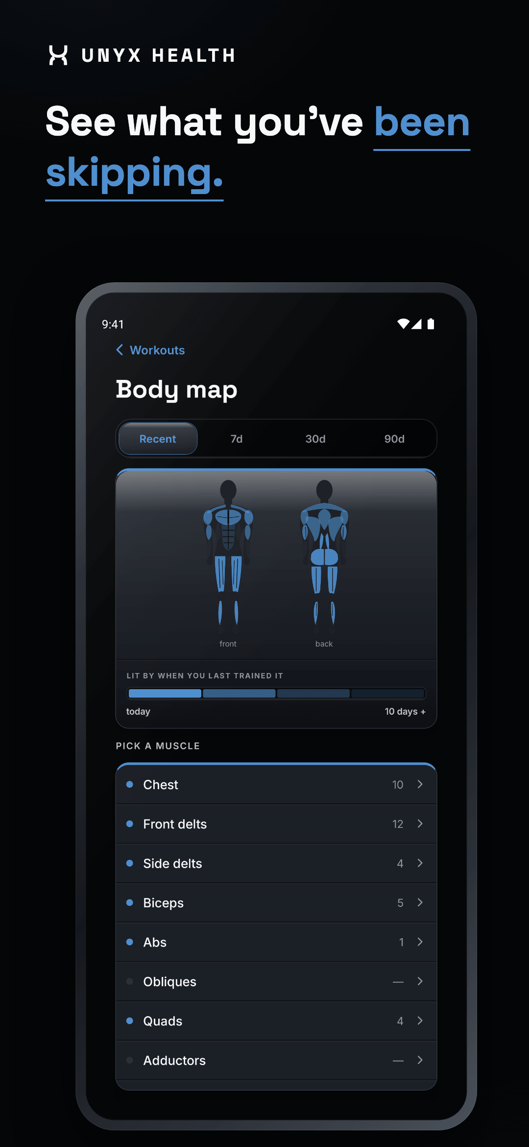 Body map — Unyx app screen