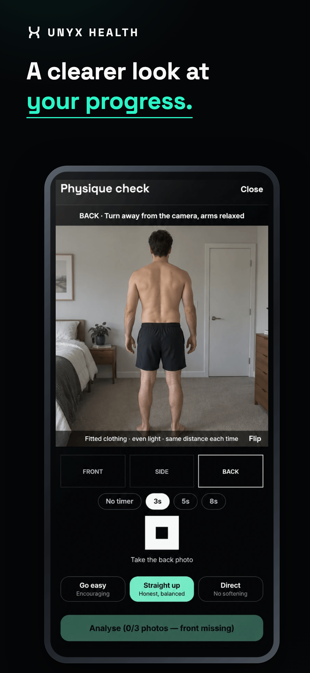 Physique check — camera preview with an illustrative AI-generated person