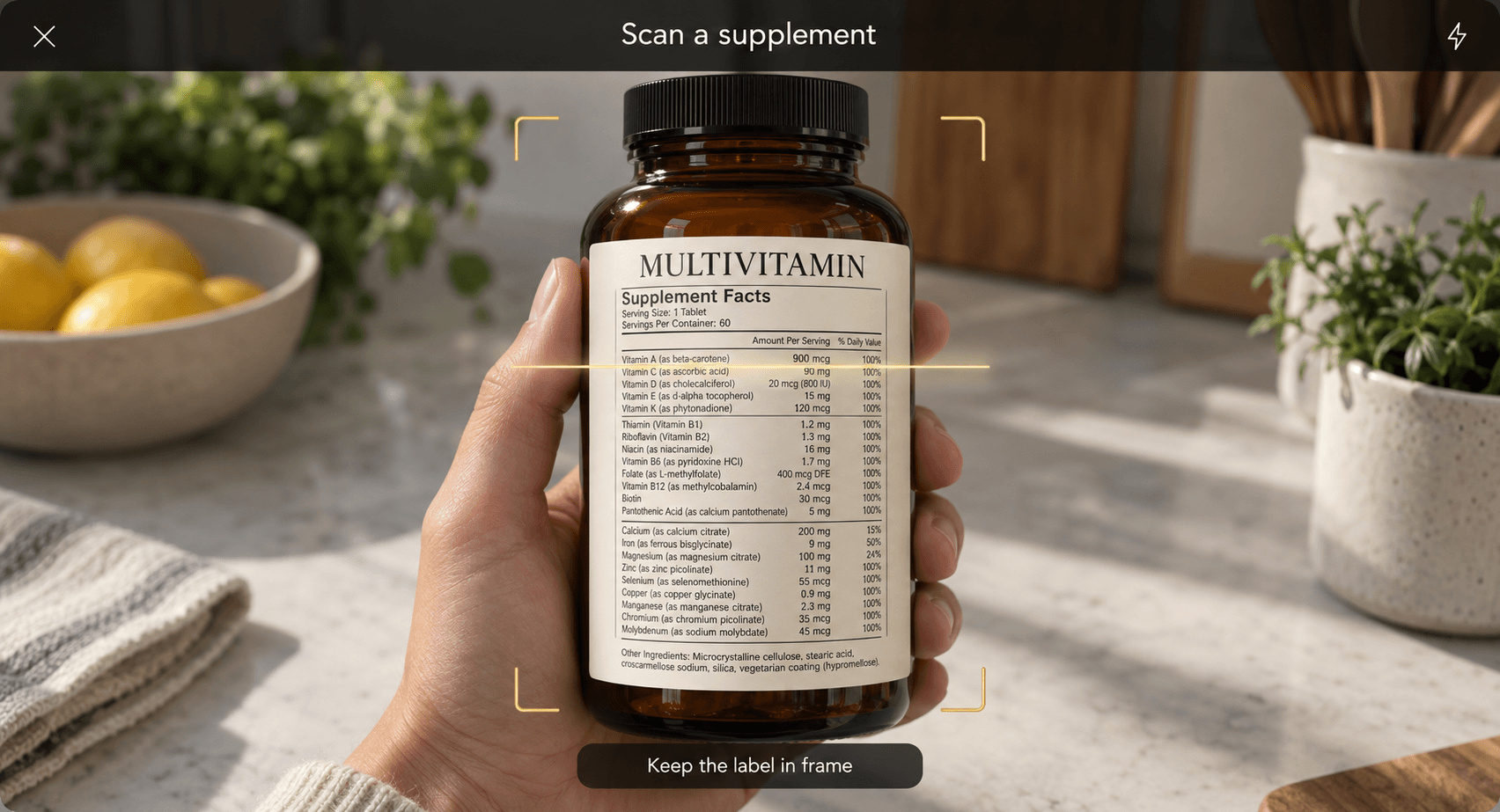 Illustration of the supplement scanner framing a multivitamin label