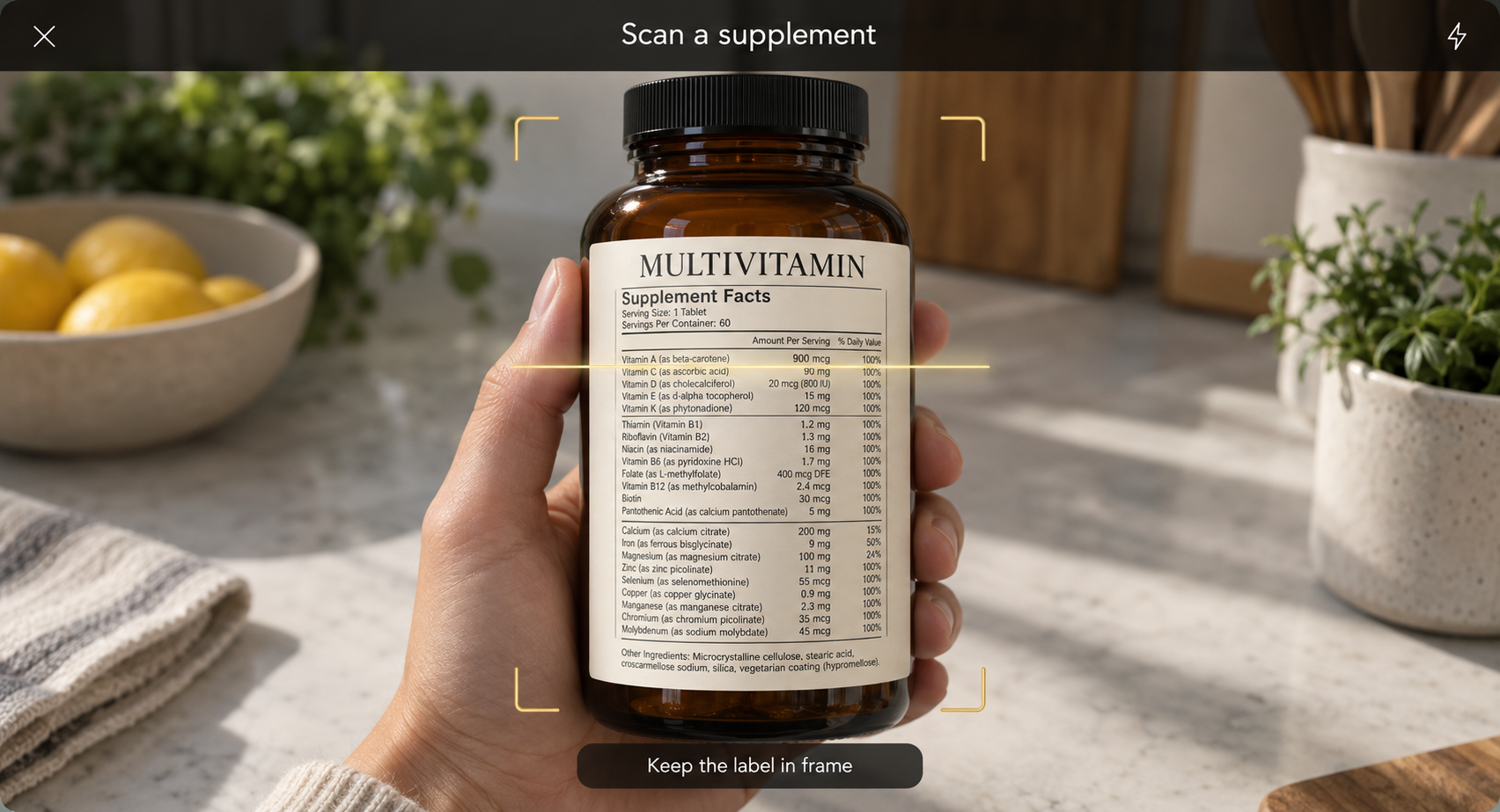 Illustration of the supplement scanner framing a multivitamin label